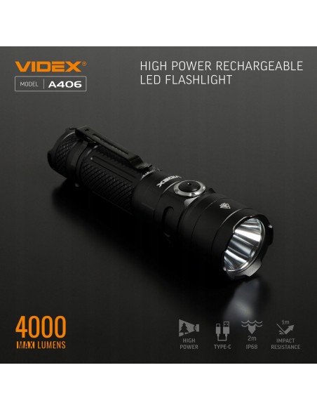 Latarka LED A406 VIDEX wodoodporna akumulatorowa USB-C 20W 4000lm IP68
