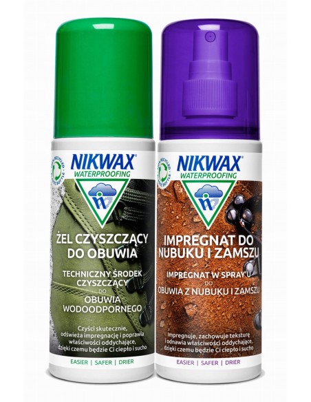 NIKWAX zestaw FOOTWEAR GEL/NUBUCK SUEDE impregnacja i czyszczenia obuwia z nubuku i zamszu 2x125ml