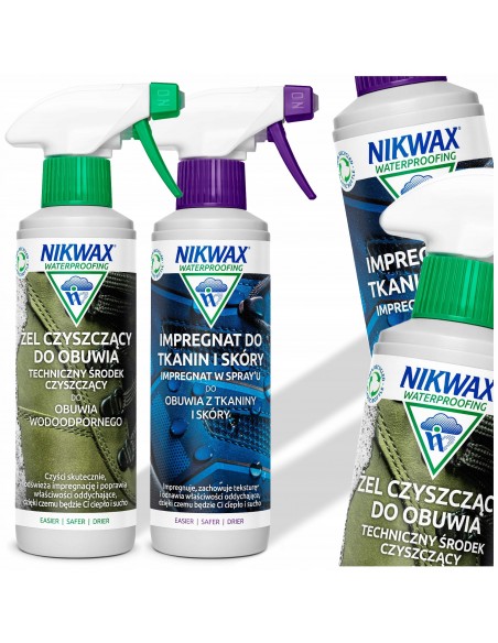 NIKWAX zestaw FOOTWEAR GEL spray/FABRIC impregnacja i czyszczenie obuwia tkaniny i skóra 300m