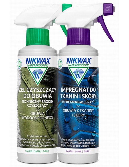 NIKWAX zestaw FOOTWEAR GEL spray/FABRIC impregnacja i czyszczenie obuwia tkaniny i skóra 300m